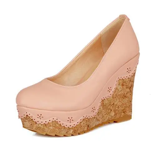 MoonMeek/горячая распродажа; женские туфли-лодочки; Высококачественная обувь на высоком каблуке; женские туфли-лодочки из мягкой кожи на танкетке с круглым носком - Цвет: Розовый