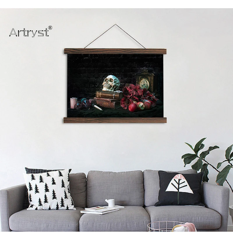 

Artryst scroll painting mordern decor custom canvas fabric wall poster skull books artwork HD print for living room wall art