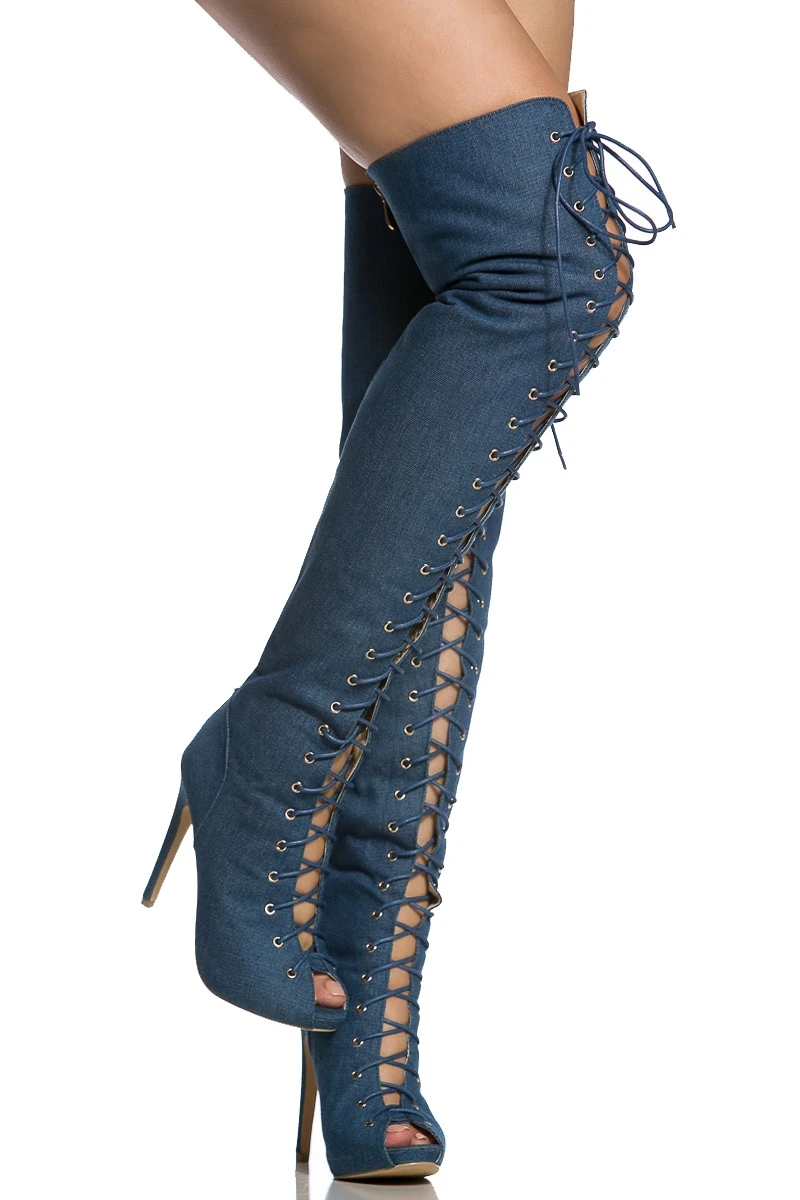 

Dark Denim Lace Up Open Toe Thigh High Boots Adjustable Laces Peep Toe Back Zipper Thin Heel Thigh High Boots