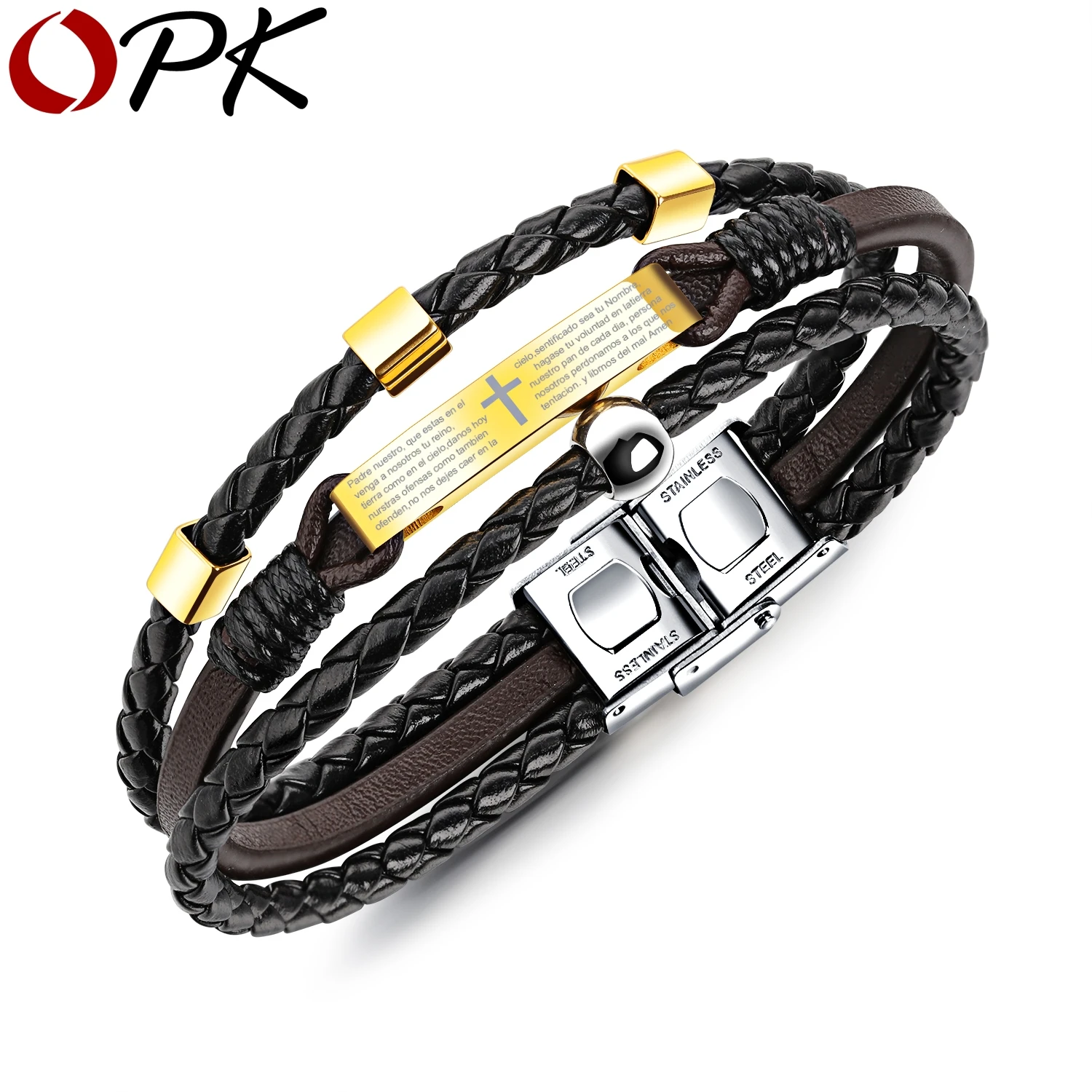 OPK Vintage Black Leather Bracelet Gold Color Cross Spanish Bible
