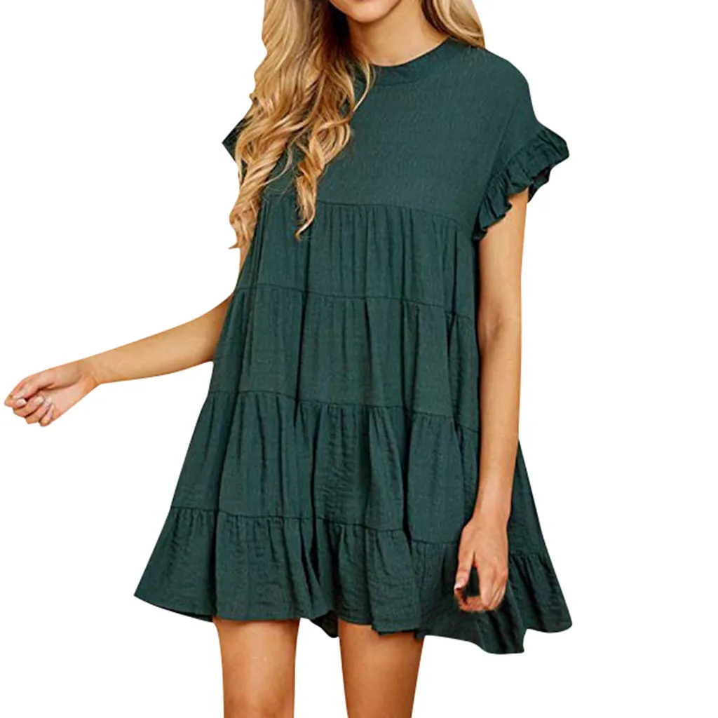 Women Summer Ruffle Sleeve Dress Casual Boho Solid Plain Short Sleeve A-Line Dress Female Loose Swing Party Mini Dress Vestidos