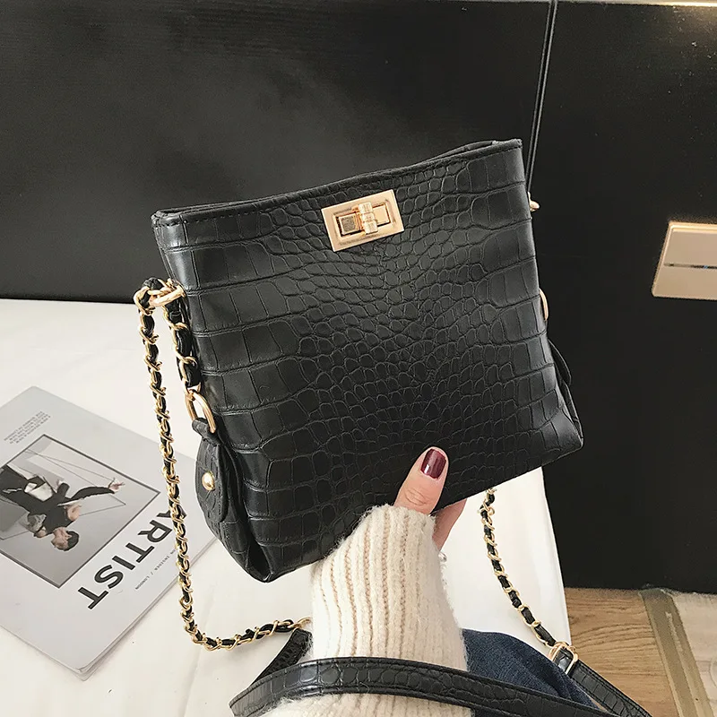 Women Alligator Bucket Bags Casual Solid Crocodile Pu Leather Crossbody Bags For Women Chains