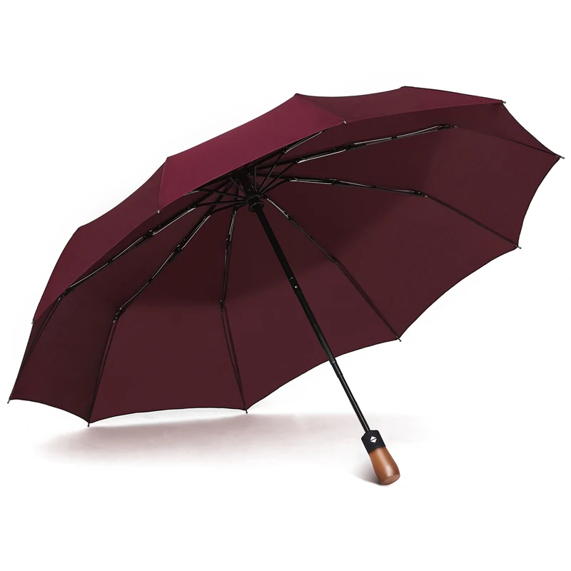 Full Automatic Men Umbrella Windproof 3 Folding Umbrella Waterproof High Quality Travel Umbrella Women Raines Wooden Handle U5B - Цвет: Red