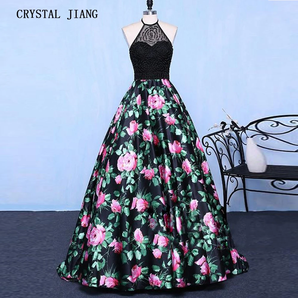 

New Arrival 2019 Sexy Halter Crystal Beaded Prom Gown Custom made A Line Floral Printed Evening Prom Dresses Long