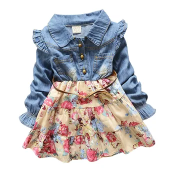 

2020 Children Kids Clothing Denim Jeans Long Sleeve Baby Girls Princess Flora Dress