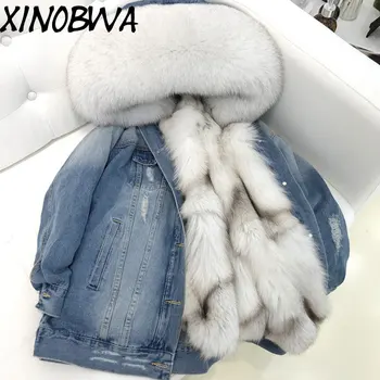 

Europe New Women Winter High Fashion Luxurious Natural Real Fox Fur Collar And Liner Denim Coats Ladies Jeans Thick Coats Parkas