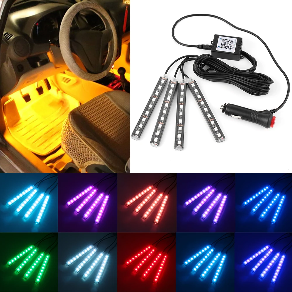 

4PCS 9LED Color Changing RGB Car Interior Decorative Floor Atmosphere Neon Strip Lamp Light Phone APP Controlled Car styling