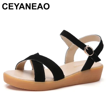 

CEYANEAONew Women Shoes Summer Narrow Band Buckle Strap Style Flat Heel Soft Leather Casual Ankle Strap Woman Beach SandalsE2139