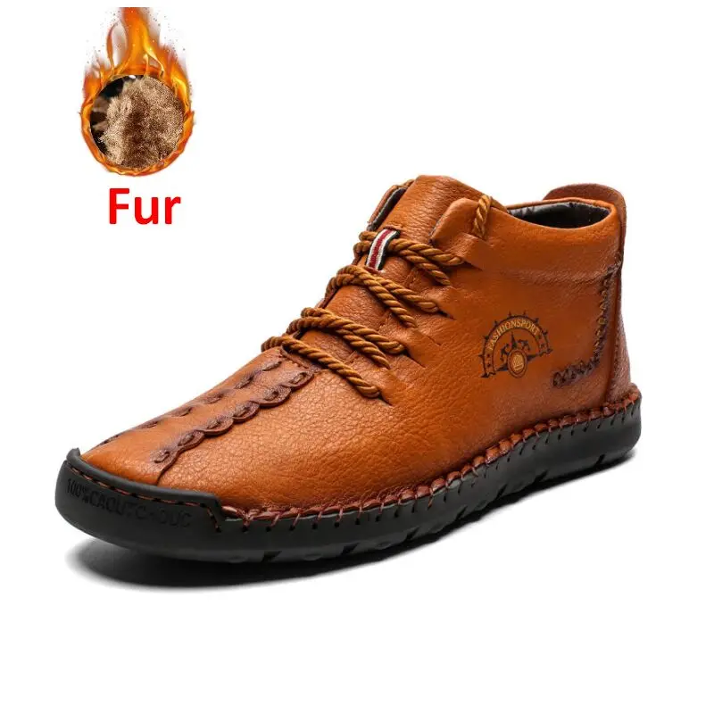 BROWN Fur ZUNYU/Новые мужские ботинки зимние теплые зимние ботинки на меху мужская обувь модные мужские зимние кожаные ботильоны размер 38-48 - Color: BROWN Fur
