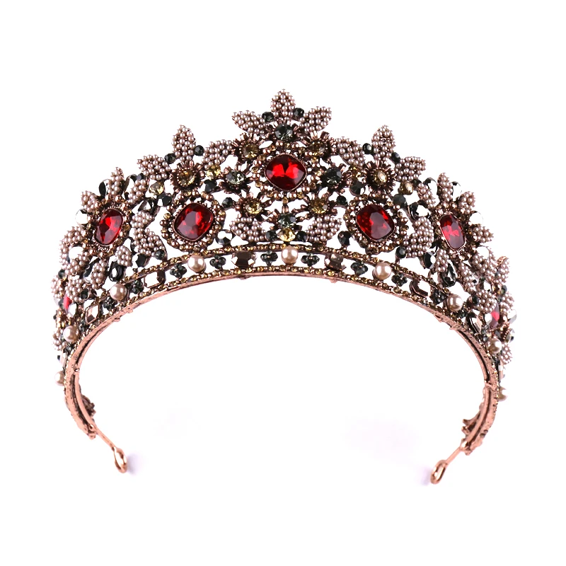 

Vintage Baroque Crown Red Crystal Bride's Tiaras Pearl Beads Queen Wedding Crown Royal Headband Tiaras
