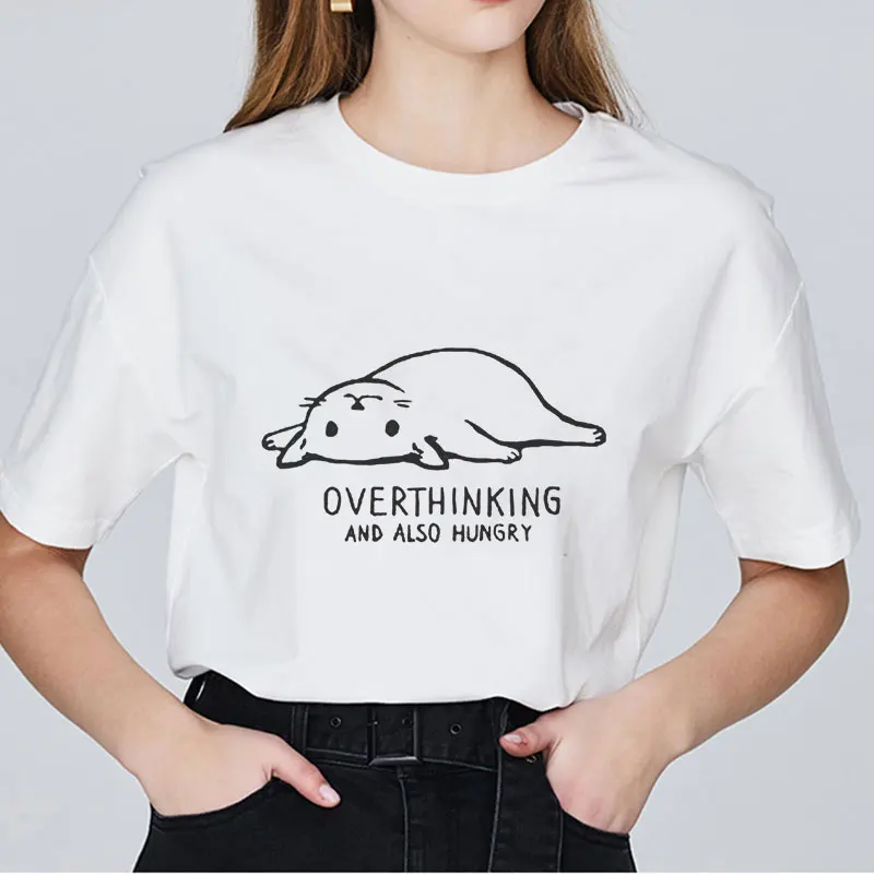 

Women Tshirt Kawaii Lazy Cat Overthinking And Also Hungry Printed Graphic Tee Casual Funny Cartoon Fashion T-shirt Summer Shirts