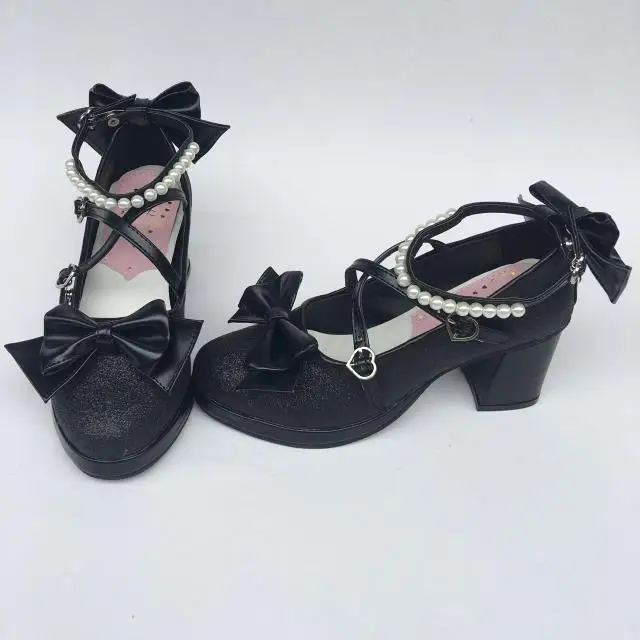 Womens-Shiny-Black-Silver-Sequin-Pumps-Bow-Strap-Cross-Pearl-Ankle-Strap-Princess-Lolita-Shoes-Custom-Tailor-Available- 16