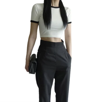 

Crop Top T-Shirt Female Solid Cotton O-Neck Short Sleeve T-shirts for Women High Waist Slim Short Sport Blanc Femme T-Shirt