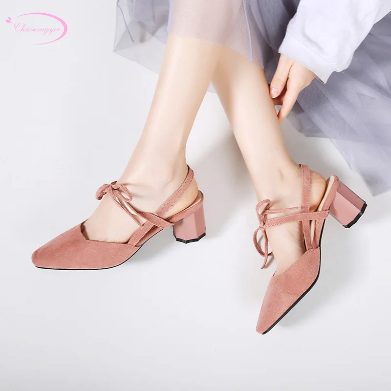 

European casual style round toe flock summer sandals fashion belt black pink gray beige high-heeled chunky women's shoes