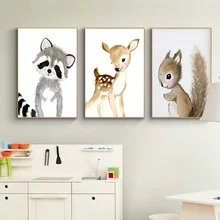 Arte de pared de bosque para guardería, lienzo de conejo, ciervo, pintura para bebé, carteles de animales e impresiones, imágenes neutrales de ardilla para sala de estar