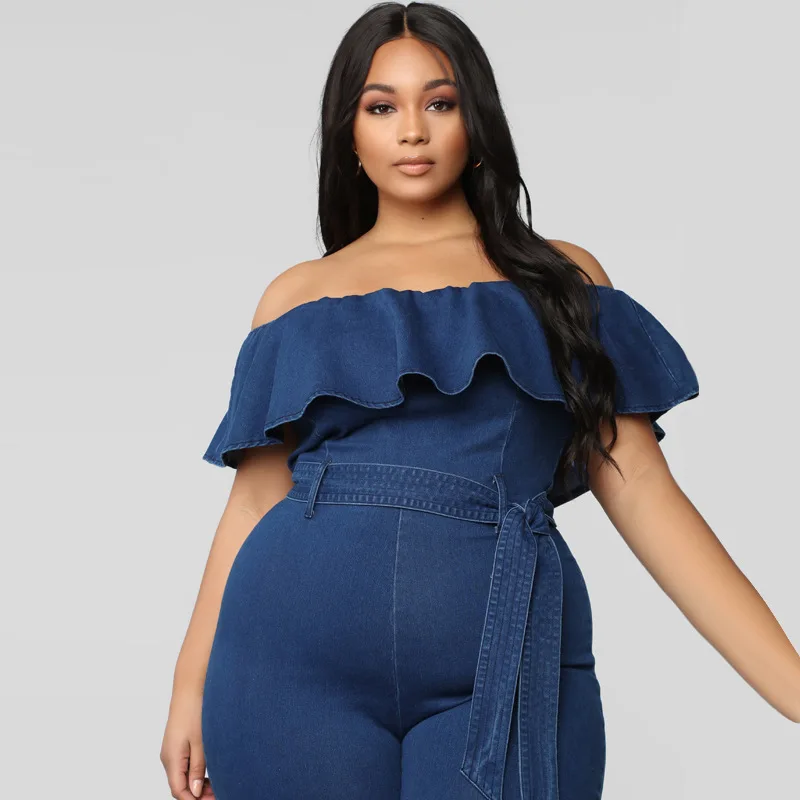 

Office Lady Denim Playsuits and Jumpsuits Fashion Off Shoulder Overalls for Women Solid One Piece Women Clothes 2018