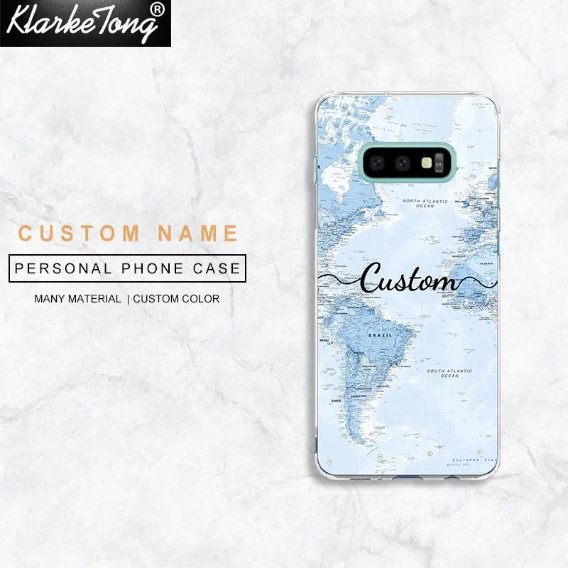 

KlarkeTong DIY Text Name Clear Glass Custom Blue World Map Phone Case For Samsung S10 Pro Plus Lite S9 S8 Plus S6 S7 Edge A5 A8