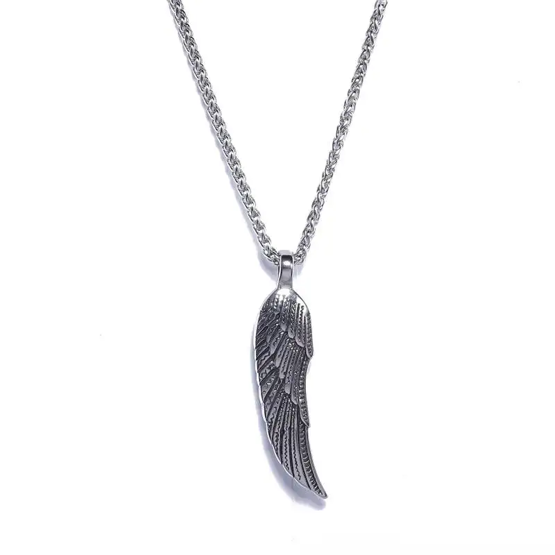 

Ourania Men's Necklace Silver Stainless Steel Vintage Feather Angel pendant necklace Fashion hip hop jewelry gift