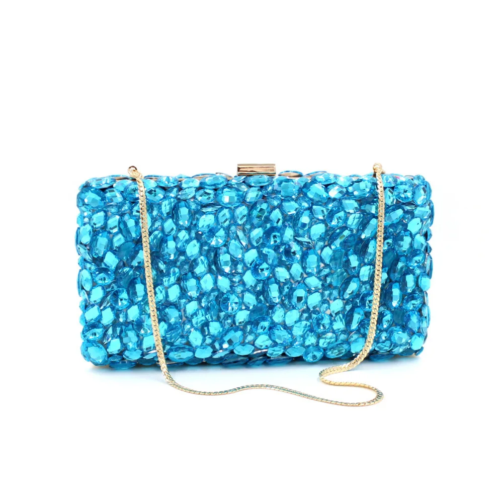 Blue Crystal Clutch Evening Bag with Silver Shoulder Chain Navy Blue Evening Clutch Purse for ...