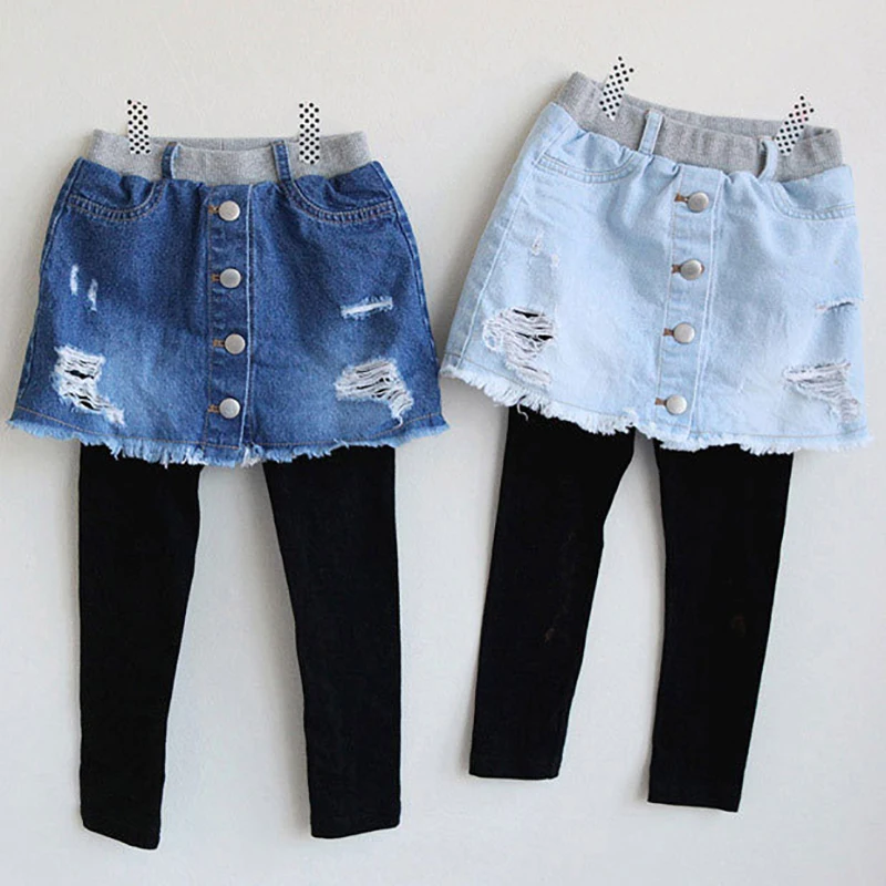 

2017 spring children's wear children's leggings fake two pieces of children's denim skirt pants children's clothing