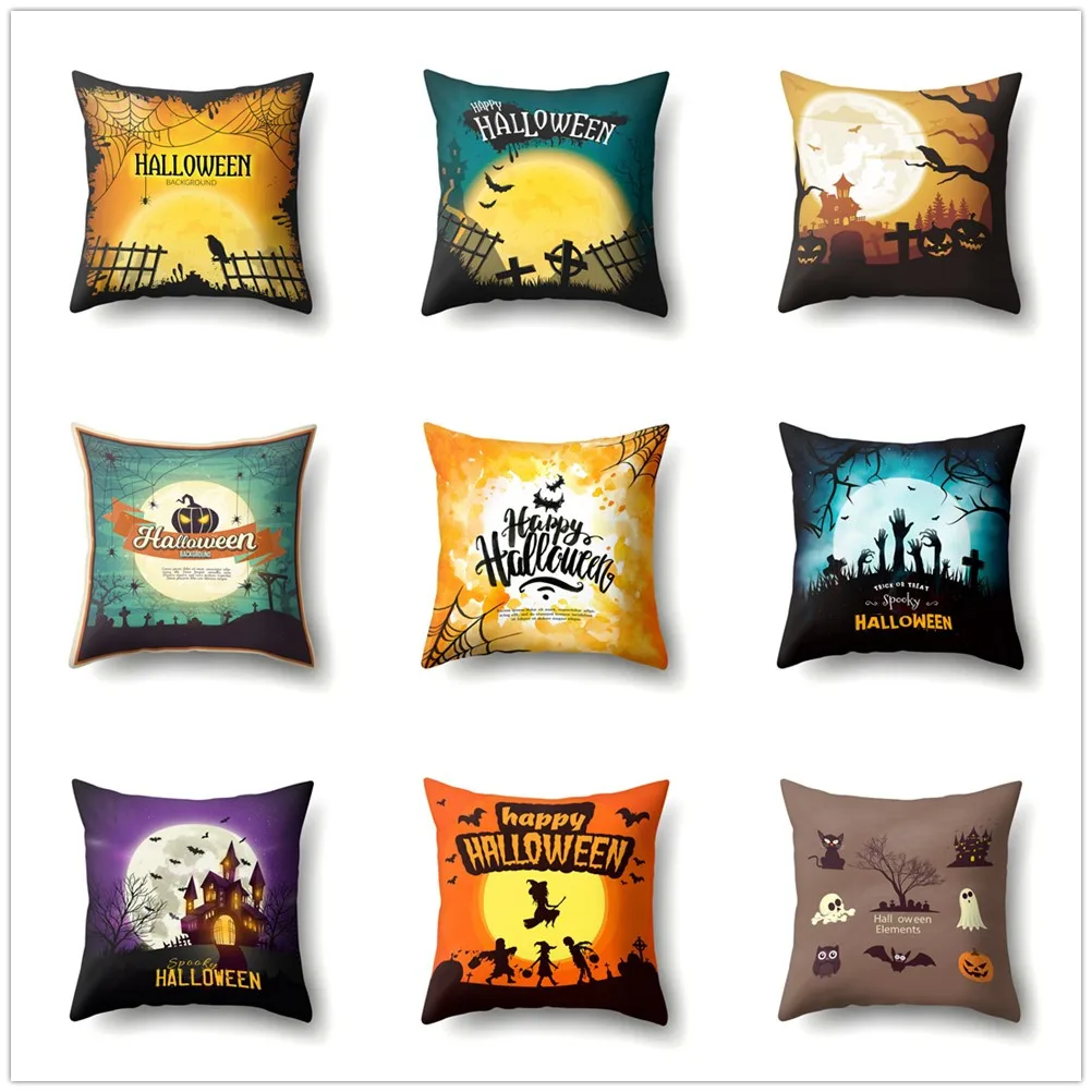 

Happy Halloween Cushion Cover Night Series Polyester Pillowcase Castle Pumpkin Spiderweb Pattern for Sofa Living Room Home Decor