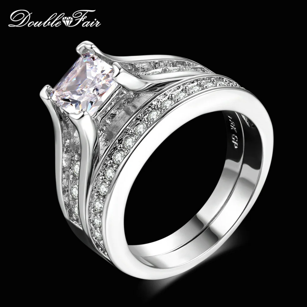 Double Fair Silver Color 0.5ct AAA Cubic Zirconia Studded Rings Fashion Wedding & Engagement Ring Set For Women DFR570