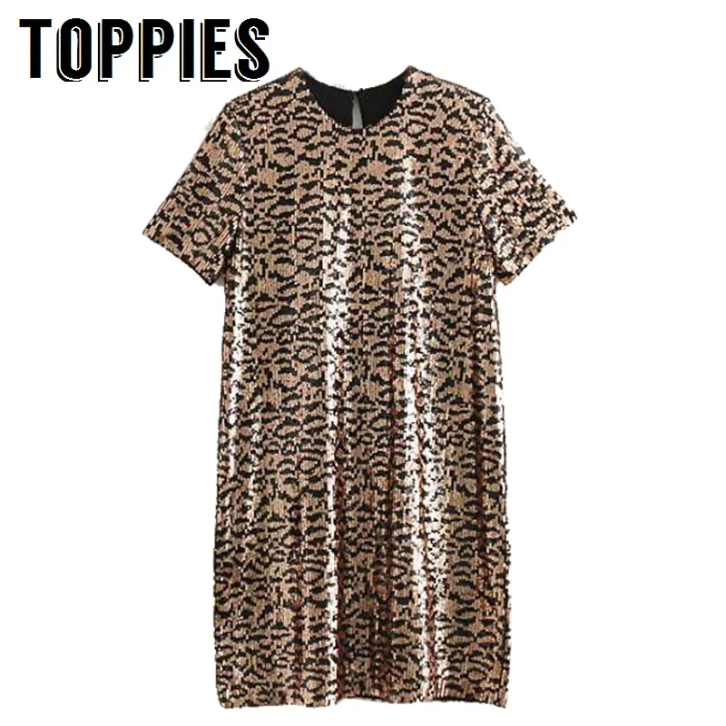 

Women Sequined Night Party Dress Leopard Print Straight Mini Dress Short Sleeve Glitter vestidos Sexy Party Wear