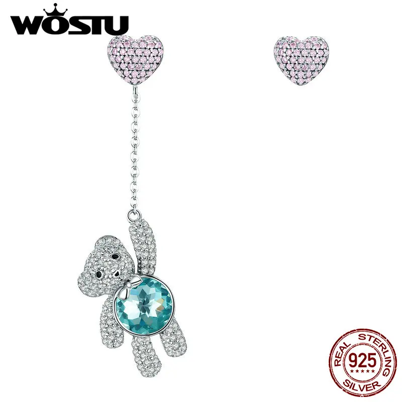 

WOSTU Luxury 100% 925 Sterling Silver Dazzling Bear & Heart Stud Earrings For Women Girl Original Brand Fine Jewelry Gift CQE388