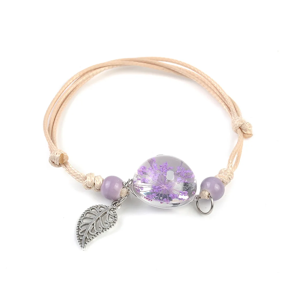 

Fashion Women Jewelry Boho Vintage Charm Bracelet Handmade Real Dry Flower Glass Ball Weave Adjustable Bracelets Bangle