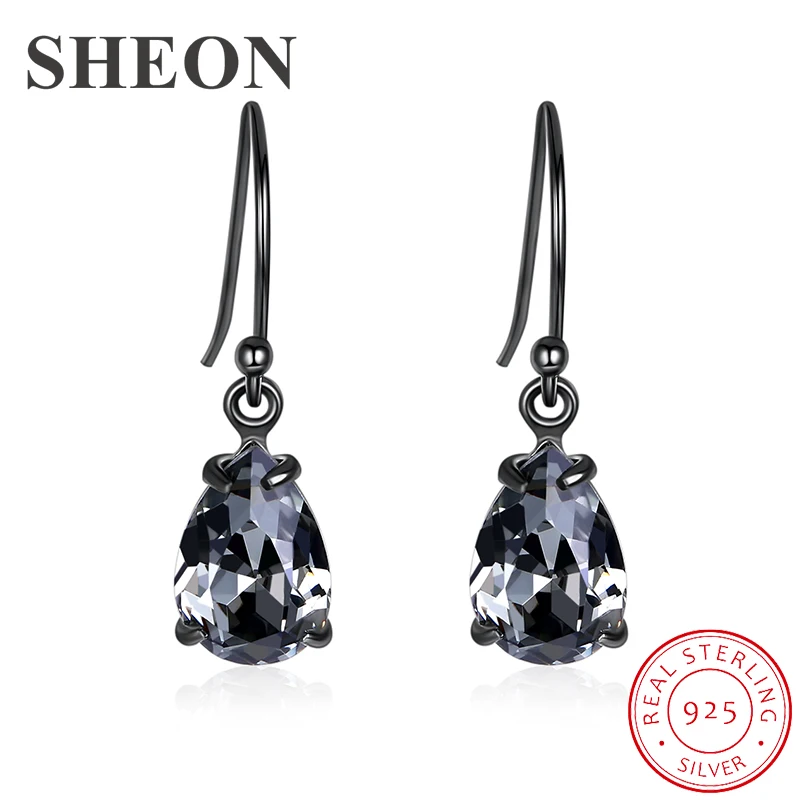 

SHEON Authentic 925 Sterling Silver Vintage Black Crystal Water Drop Drop Earrings For Women Sterling Silver Earring Jewelry