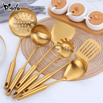 7 pcs Stainless Steel Kitchenware Set Long Handle Cooking Tools Matt Polish Slotted Turner Gold Kitchen Accessories Utensil