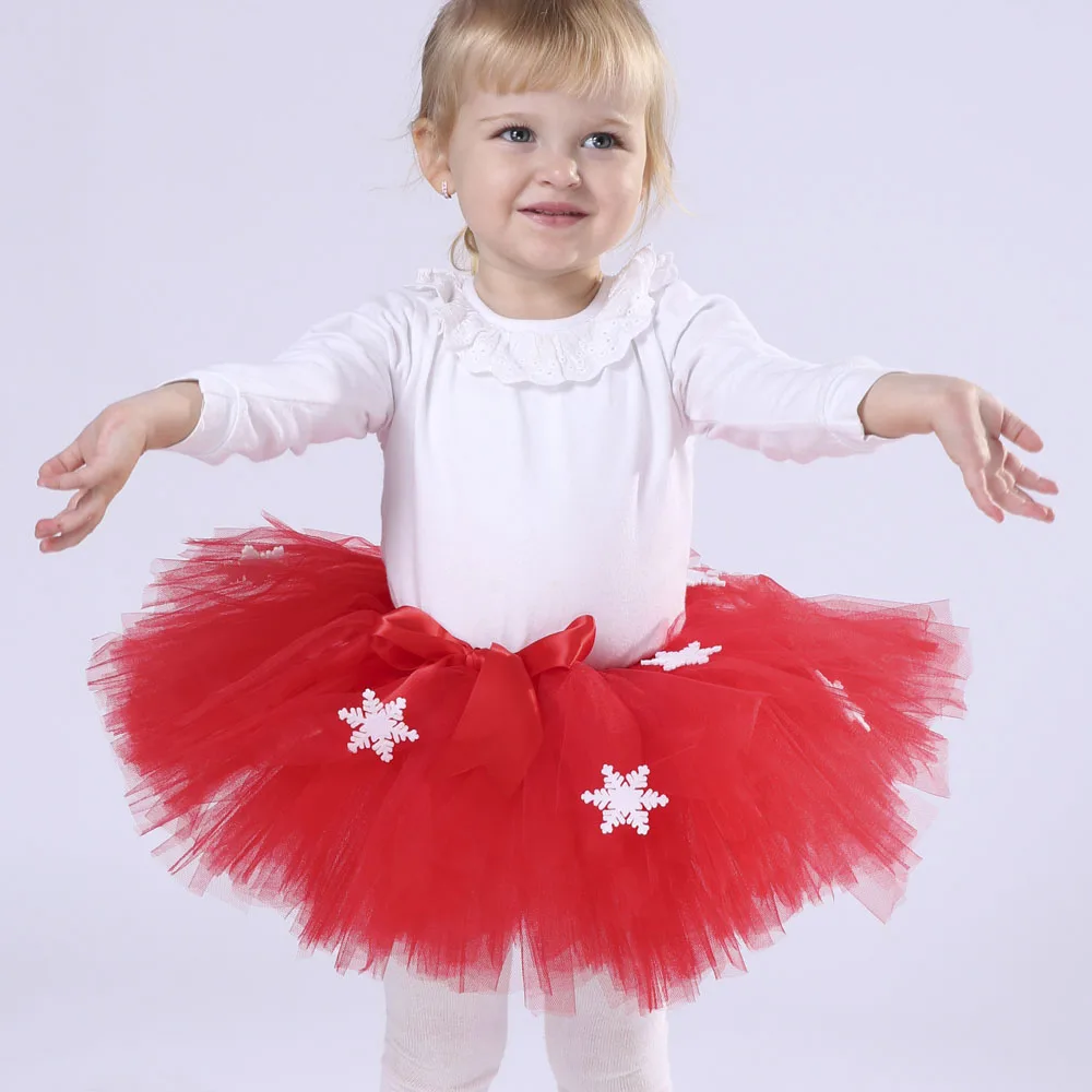 Christmas Red Color Snowflake Girl Tutu Skirt Puffy Cute Princess Girls New Year Ribbons Tulle Skirts Holidays Festival Costume