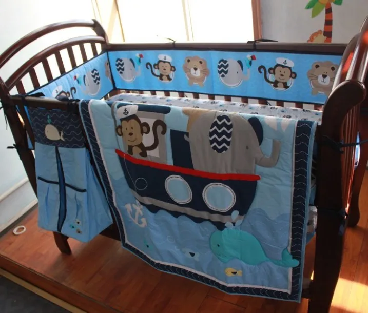 Boy Baby Nursery Bedding Set 8PCS Infant Quilt Bumper Fitted Sheet Dust ruffle 
