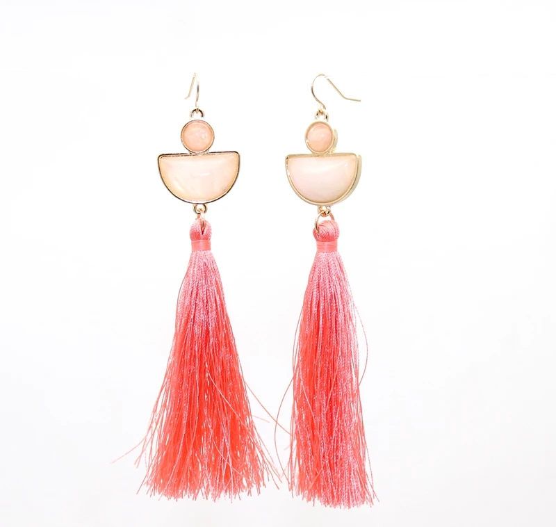 

2018 New fashion jewelry semicircle stone wafer coral tassel long earrings for women