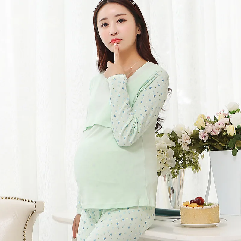 Хлопковое нижнее Белье для беременных женщин, подштанники, костюмы для грудного вскармливания, пижамный комплект для кормления, комплекты одежды для сна, весенняя одежда для беременных YL344 - Цвет: Бежевый