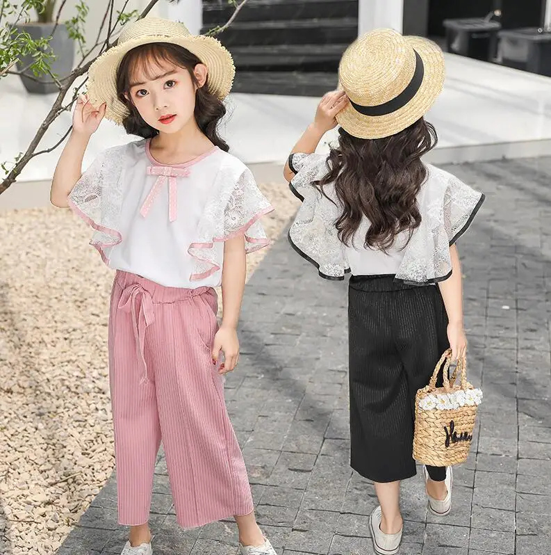 

AA741 Jun Kids 2pcs Suits 2019 New Style Lace Lotus leaf sleeve Top + bowknot Wide-legged pants Summer girl suit Retail