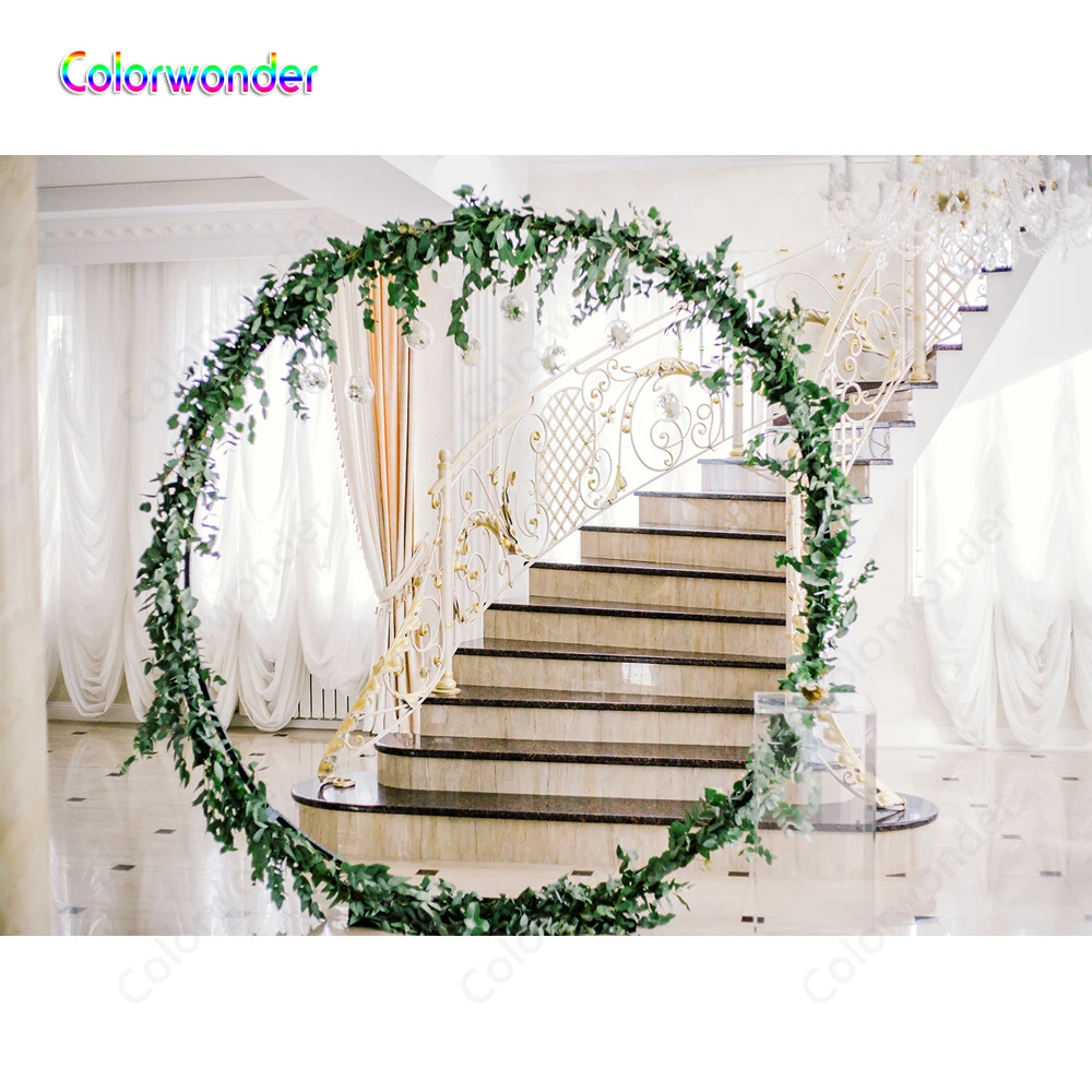

Bridal Backdrops for Photography Backgrounds White Curtains with Wooden Steps and Golden Armrest with Leaf Circle for Wedding