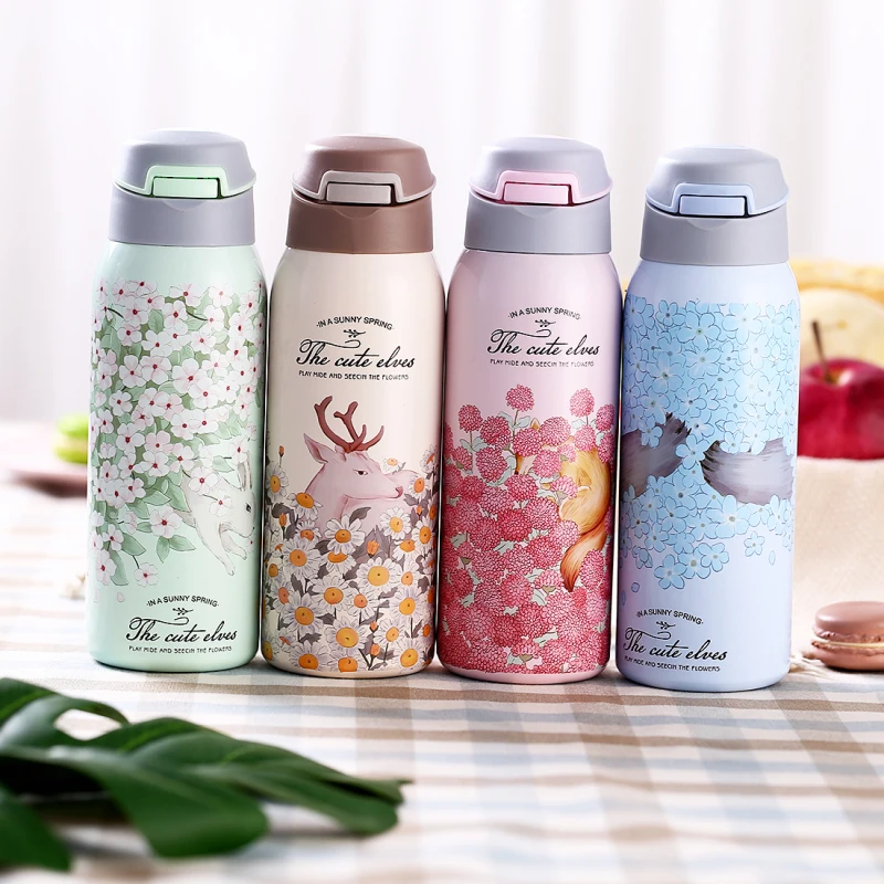 380/450ML Double Wall Sport Tea Coffee Thermos Hot water bottle 304 Stainless Steel Vacuum Flask mug with straw insulated cup