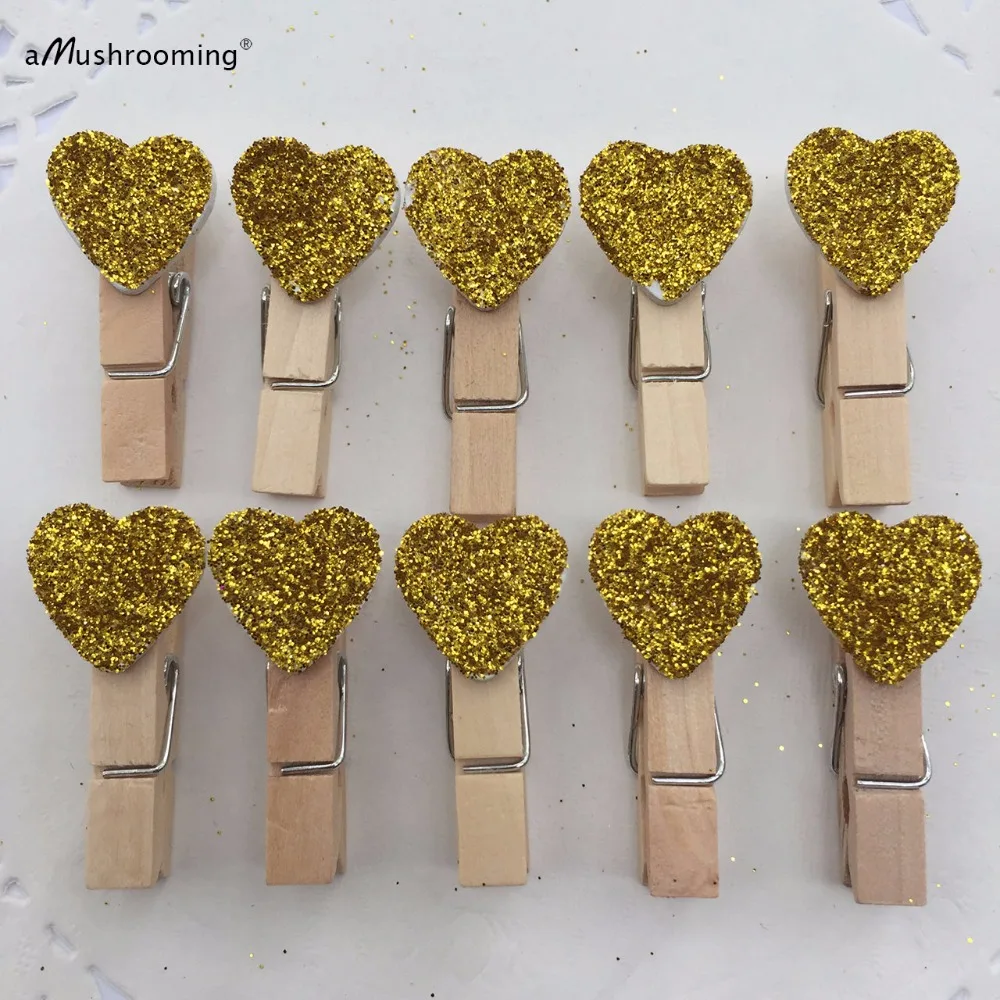 Glitter Gold mini wooden peg with hearts ClothesPins 3.5 cm Heart Shape Pin 3000 pcs/lot DIY