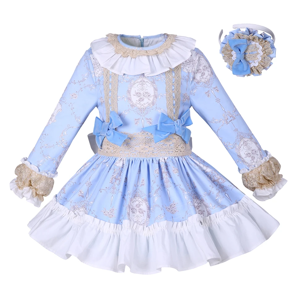 

Pettigirl New Blue Flower Girls Dress Solid Princess Dress With Bowtie Boutique Spring/Autumn Children Wear G-DMGD008-A156