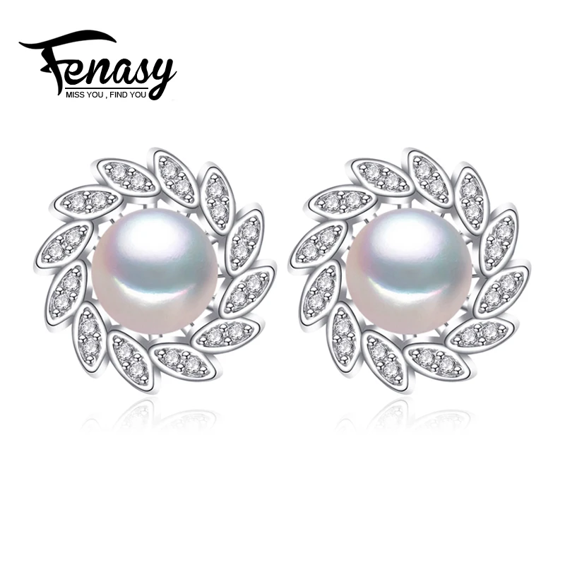 

FENASY Pearl Jewelry,Big Triangle Natural Pearl Earrings,Pearl beads with 925 Silver big leaf ethnic stud earrings with stones