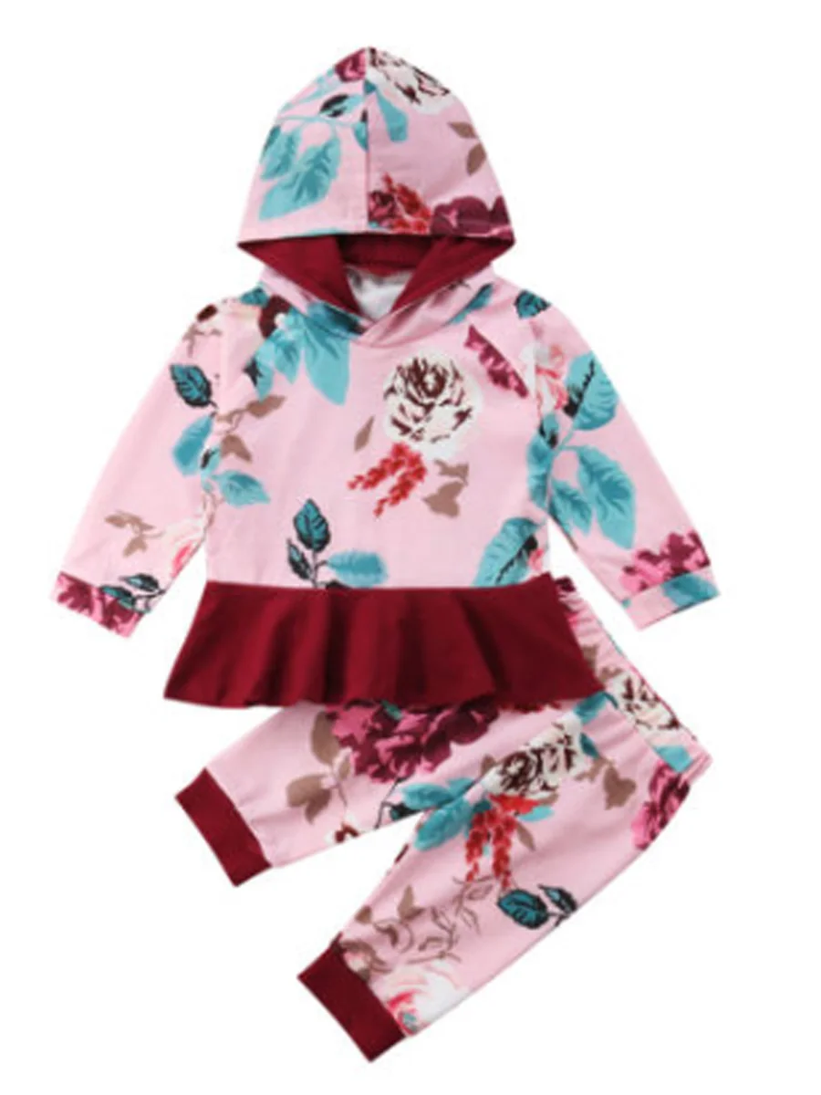 

Casual Toddler Baby Kid Girls Floral Outfits Hooded Ruffle Long Sleeve Tops Long Pants Set Clothes
