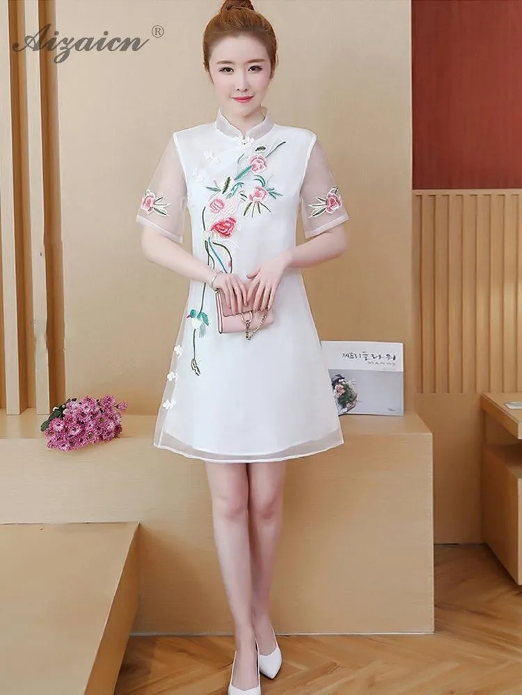 2019 Летняя мода новая вышивка Cheongsam Chinoise Повседневная Женская традиционная китайская одежда Qipao современное белое Повседневное платье