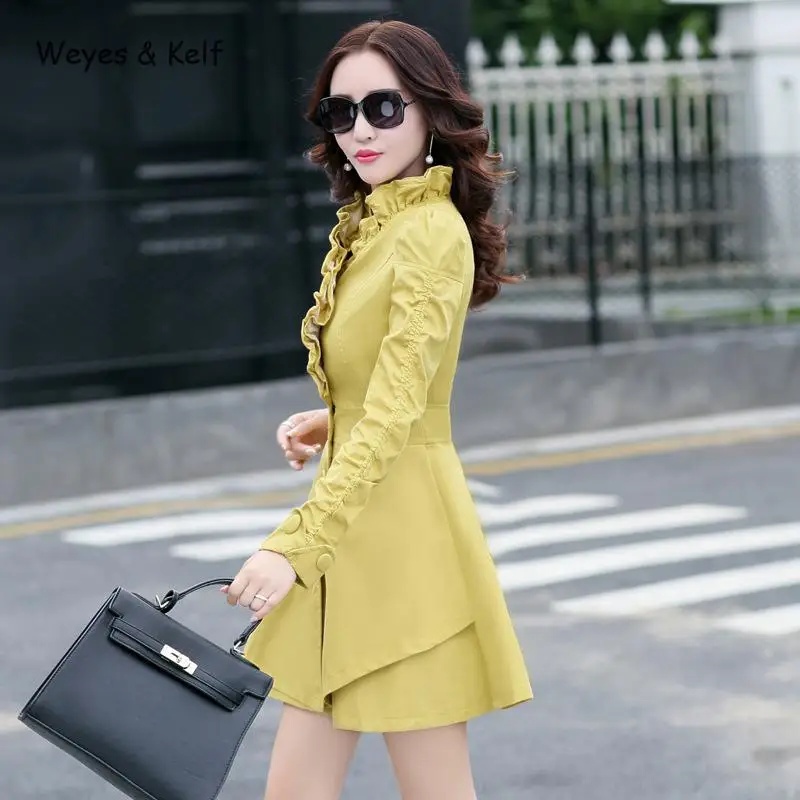 Coat Automne Solide Longues Kelf Taille vent Femelle Plus Unique Ruches Trench Manteau Green Femmes amp; Longue La Manches 2018 Coupe yellow Army Weyes Poitrine pink Pour Eq78Ww
