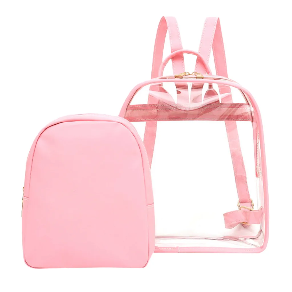 

2PCS Transparent Backpack Bag Women's Ladies Pattern Mini Backpack Pure Color Fashion Transparent Backpack+Small Bag Mochila