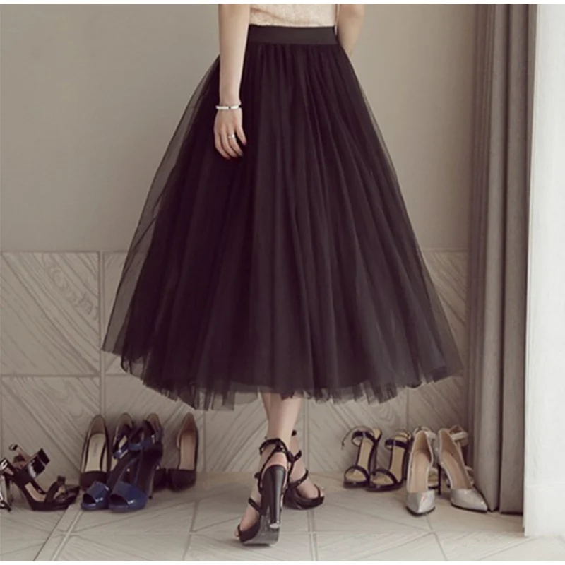 Женская сетчатая плиссированная длинная юбка из тюля, эластичная высокая талия, винтажная юбка-пачка макси для женщин, летняя черная белая повседневная одежда