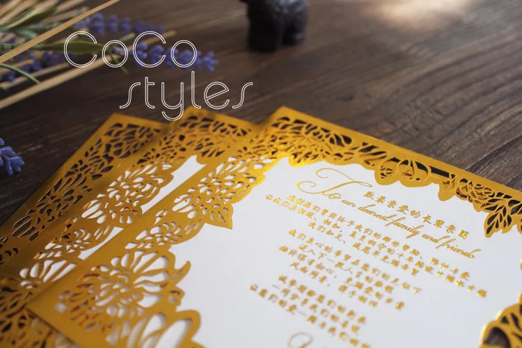  Cocostyles custom super luxury gold laser cut invitation card with die cut pocket envelope for roya - 32889444061