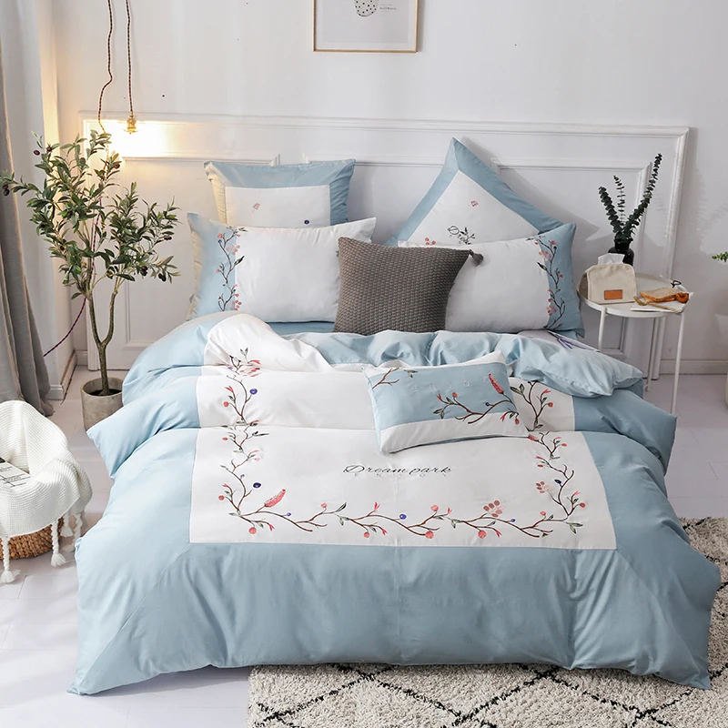 

Fresh Blue Pink Floral Embroidery Duvet Cover Egyptian Cotton Bedding set Ultra Soft Bed sheet Queen King size 4Pcs Lightweigh
