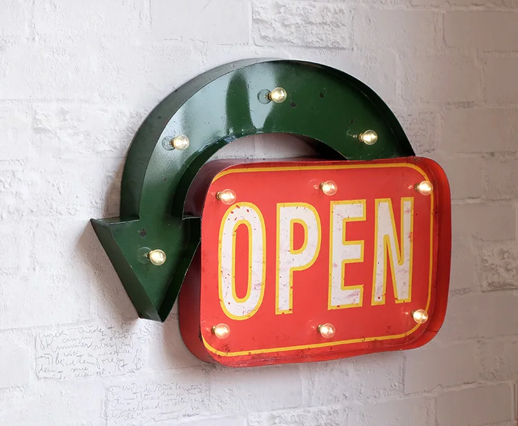 

American Village Vintage Old Iron Coffee Shop OPEN Decorative Wall Hanging LED Light Wall Decoration Night Light Hanging Lamps