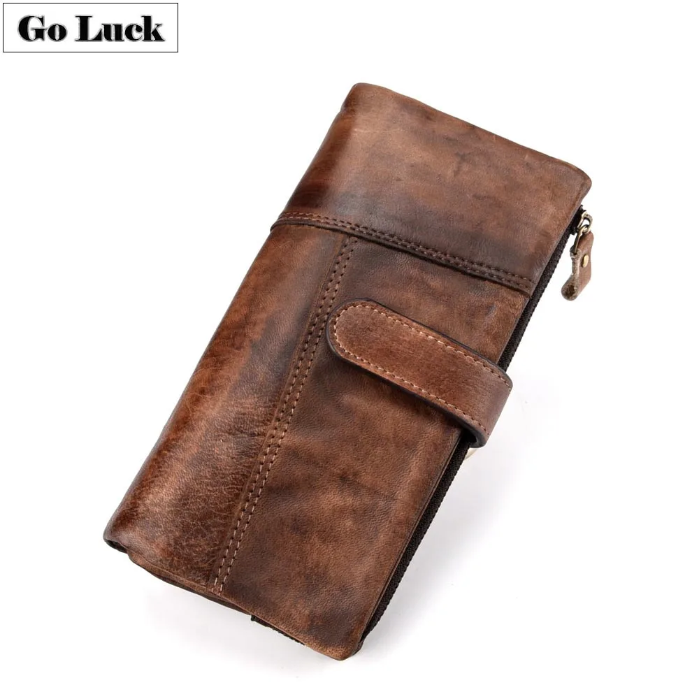 

New Retro Fashion Genuine Leather Long Wallet Men's Credit ID Business Card Wallet Zipper Phone Bag Wallets